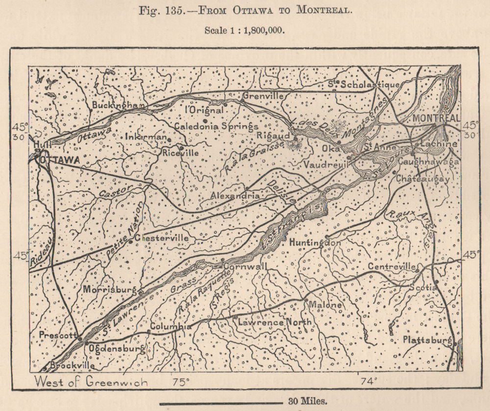 From Ottawa to Montreal. Canada 1885 old antique vintage map plan chart
